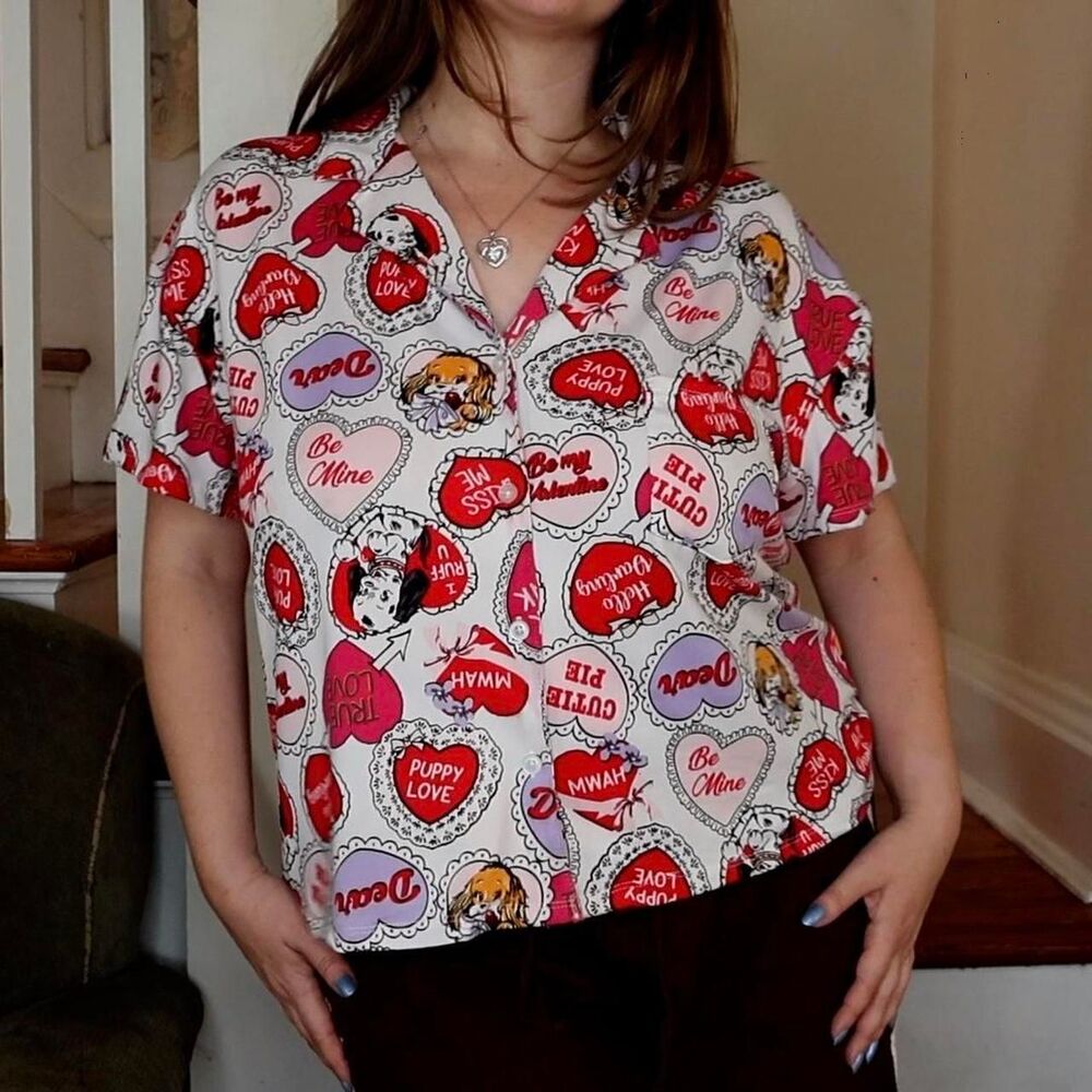 Retro Conversation Hearts Dogs Button Up PJ Top Sz Medium Valentine's Day Pajama